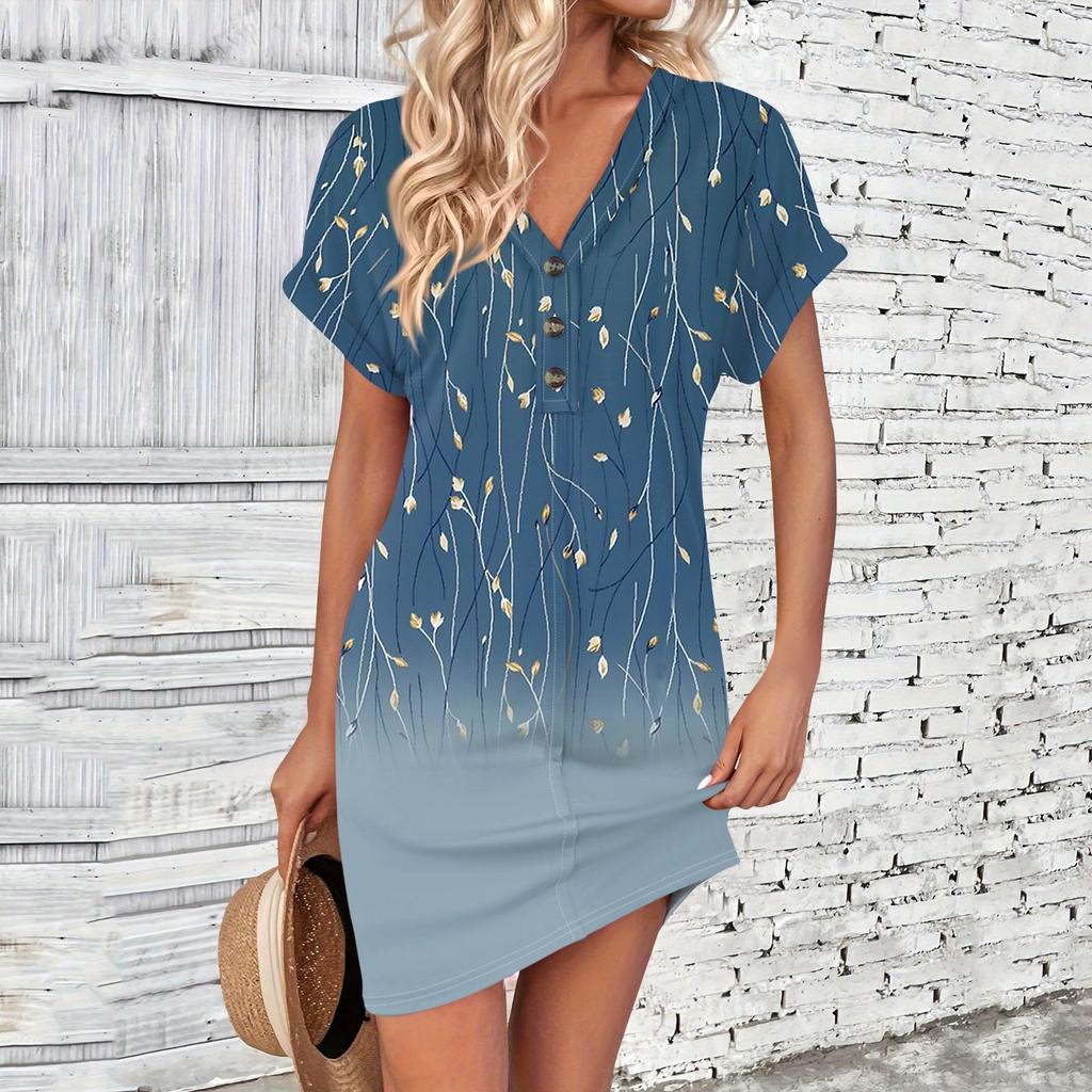 Женское платье с V-образным вырезом и пуговицами с коротким рукавом, повседневные летние платья-туники, свободное платье