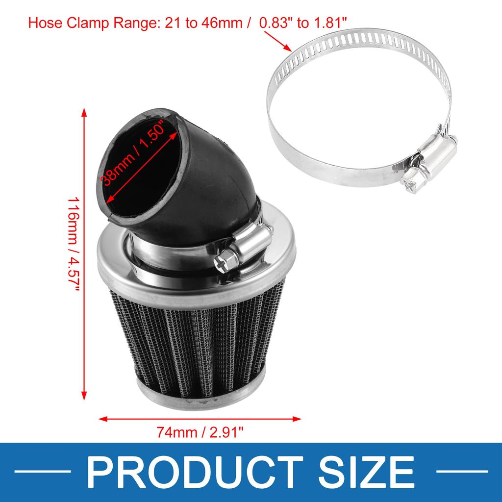 A ABSOPRO Motorcycle Elbow Cone Air Filter Universal 38mm Round Tapered Air Filter Replacement Stainless Steel Silver Tone