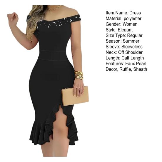 Вечернее платье с открытыми плечами, без рукавов, с неровным оборчатым подолом, облегающее, однотонное, с искусственным жемчугом, миди-платье для выпускного вечера, свадьбы