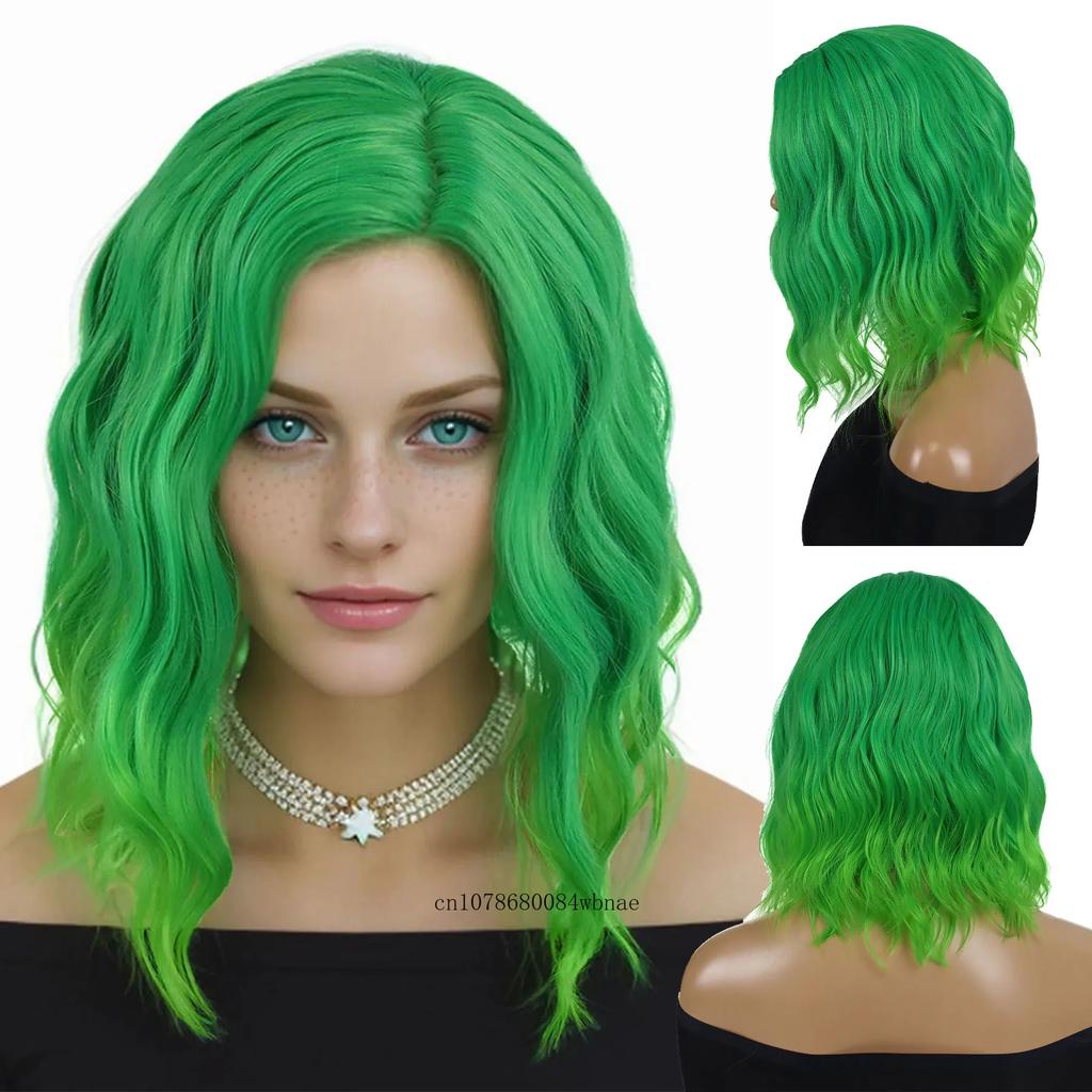 Synthetic Hair Green Wigs for Women Short Curly Wavy Wig with Side Part Bangs Heat Resistant Girls Party Halloween Cosplay Wig