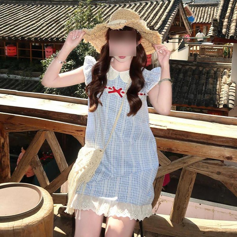 Французское милое синее клетчатое платье с маленькими рукавами-крылышками, уникальный красивый маленький кукольный воротник, А-силуэтная короткая юбка, лето
