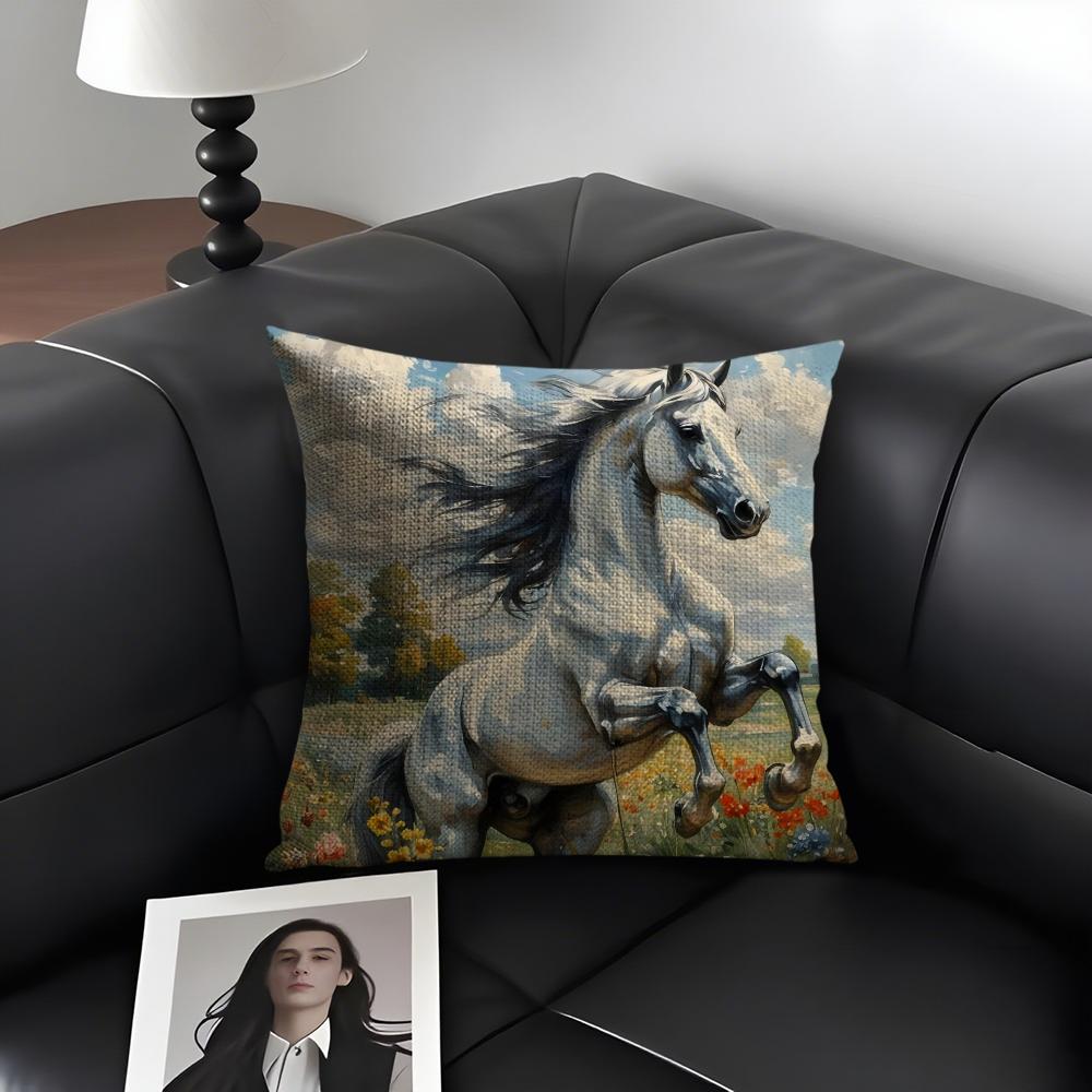 White Horse Luxury Cushion Cover Natural Linen Organic Fabric DoubleSided Printing Sofa Home Decor Gift Pillow Case