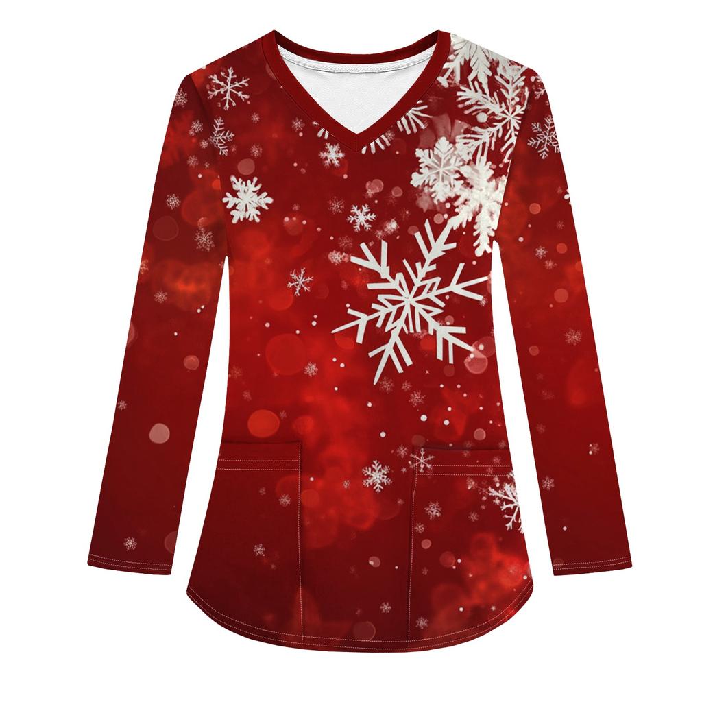 Женская модная рабочая одежда с V-образным вырезом, длинным рукавом и карманом, рождественский принт, футболка, топ