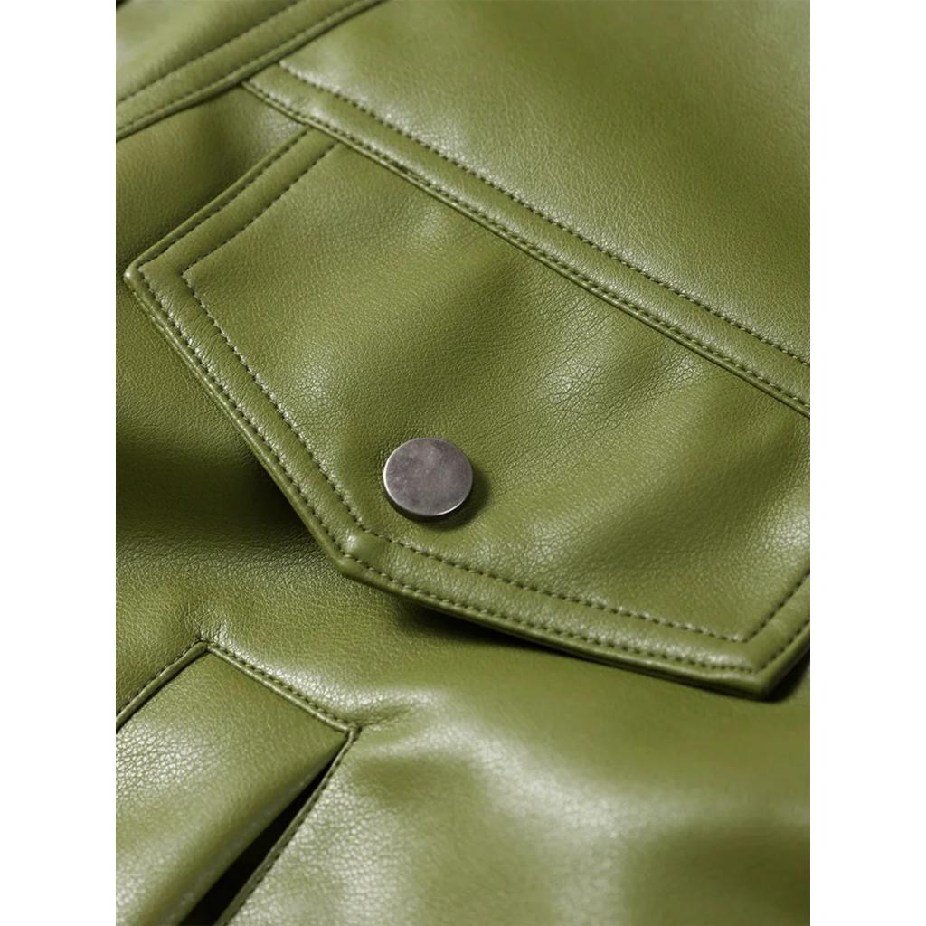 Оливково-зеленая кожаная куртка, пальто, силуэт, винтажный, уличный тренд, молния, лацкан, короткое пальто, свободный повседневный топ, верхняя одежда, осень