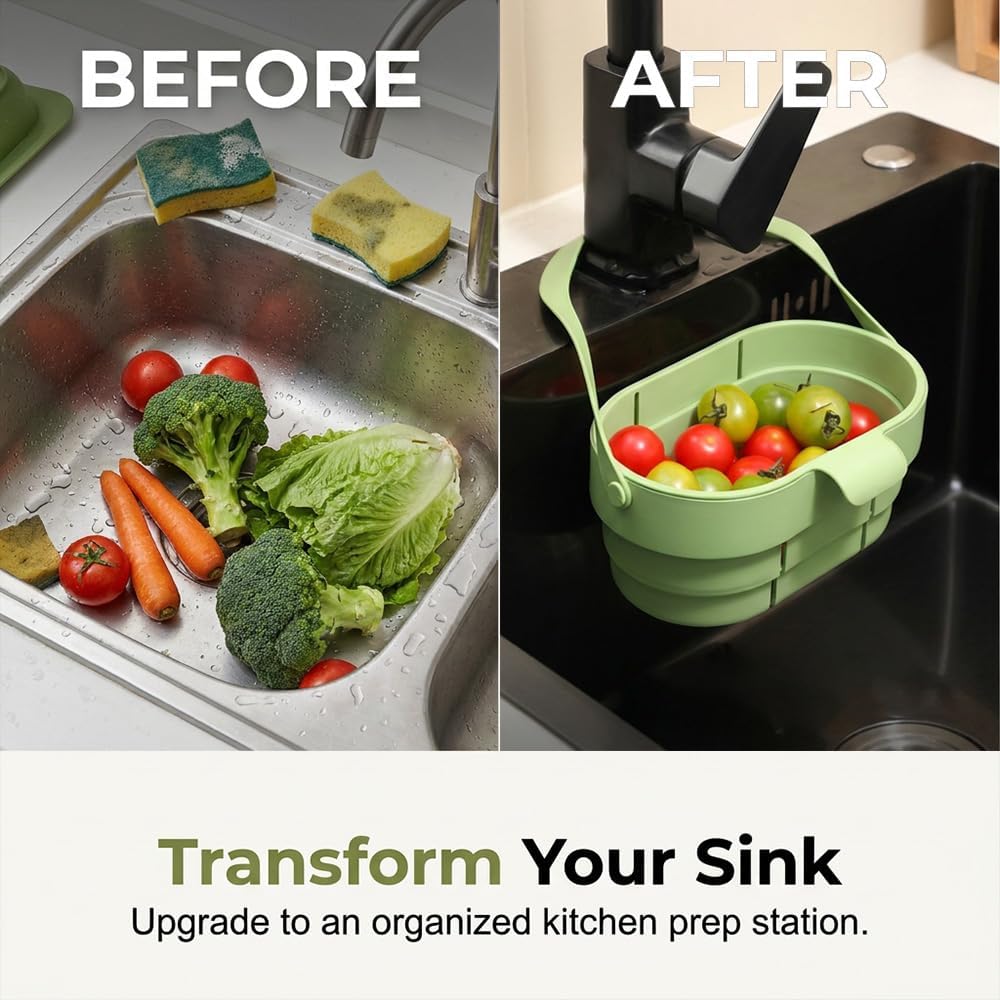 2026 New Foldable Hanging Sink Drain Basket Stretchable Kitchen Colander with Flip Cover Space Saving Food Strainer Sink Drain Strainer Self-Cleanin