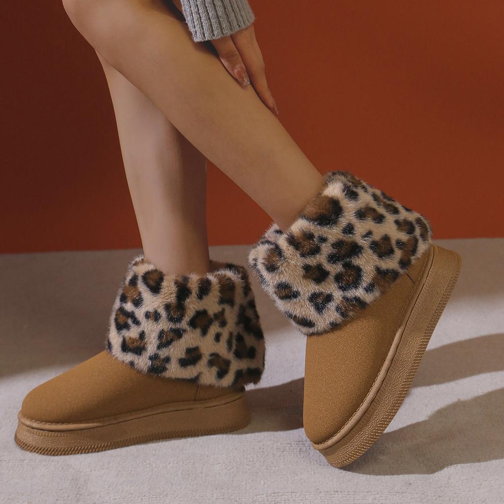 Leopard Women Ankle Snow Boots Fur Suede Fashion Platform Warm Shoes Winter Short Plush Goth Boots Casual Chaussure Femme