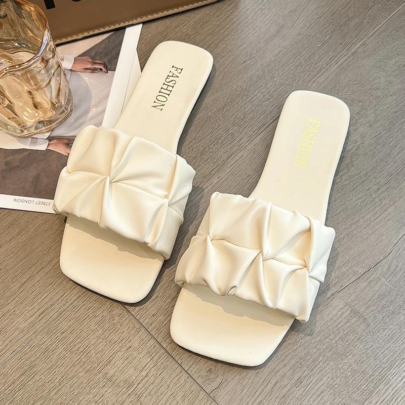 Летние уличные тапочки на плоской подошве для женщин 2024 года, новые повседневные шлепанцы с квадратным носком для отдыха, вечерние, сексуальные, элегантные, офисные, женские, новые туфли