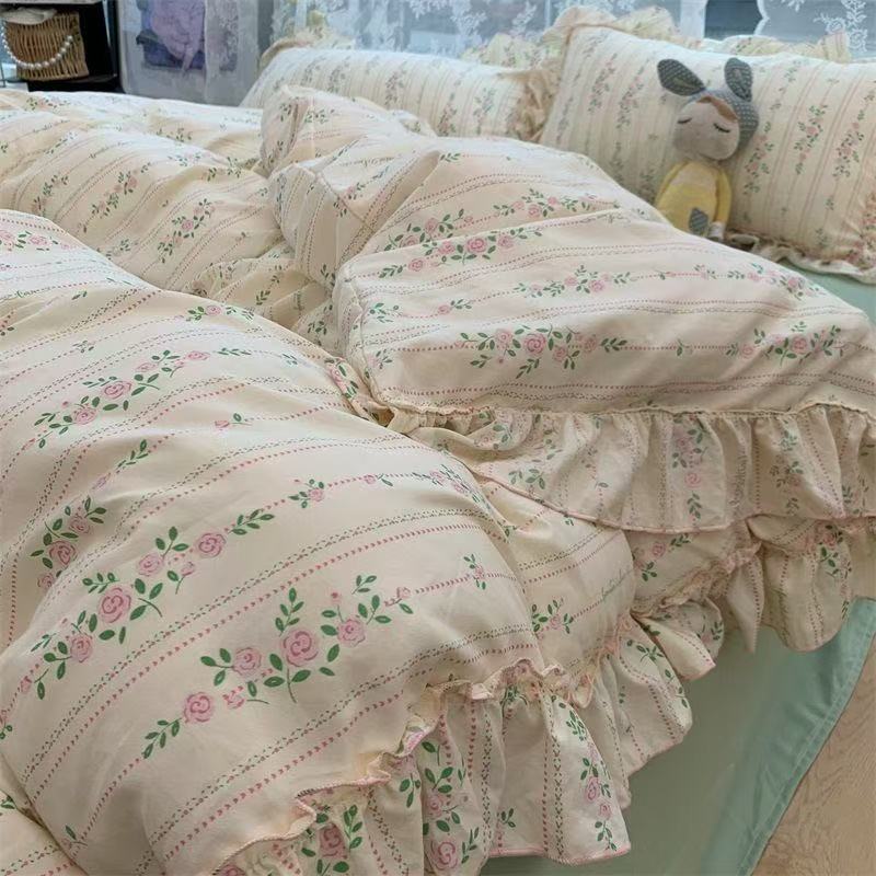Korean Style Princess Floral Bedding Set Washed Cotton Vintage French Pastoral Flowers Lace Ruffles Duvet Cover Set Pillowcase