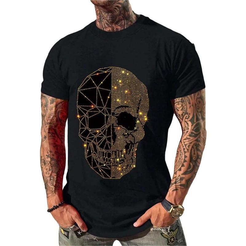 Европейские размеры Мужская футболка с принтом черепа, стразами и пайетками - Яркая Ограниченная серия Ретро Графическая футболка, Обычный крой Круглый вырез,