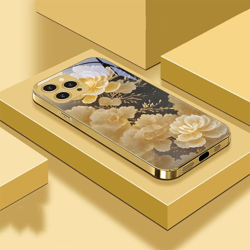Золотые цветы и фениксы для iPhone 16 Pro Max 15 P Ro 14 M Ax 13 Plus 12 Mini 11 XS Max XR Золотой чехол для телефона из закаленного стекла