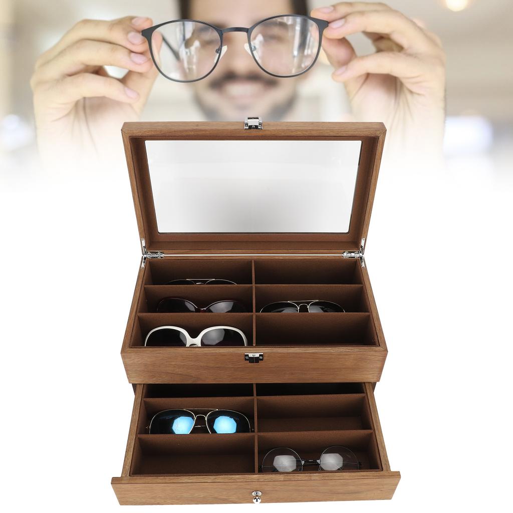 12 Slots Glasses Box Wooden Double Layer Glasses Display Case Box Organizer Decoration