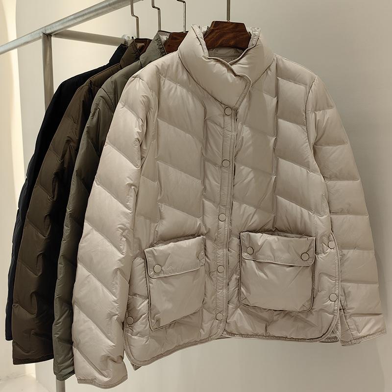 Autumn and winter new fashion stand-up collar pressed rubber single-breasted double-sided wear white duck down jacket women's short trend