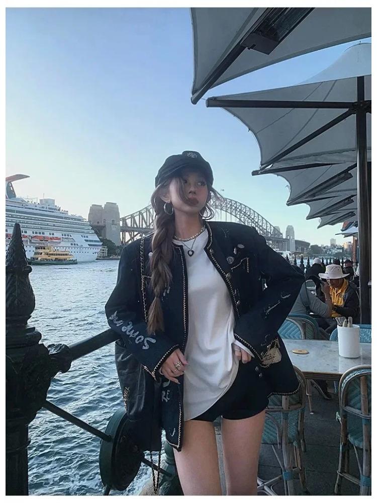 2024 Autumn Denim Vintage Jackets Women Classic Elegant Round Collar Loose Coat Korean Fashion Long Sleeve 2000s Retro Outerwear