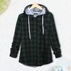 Lady Coat Hooded Plaid Print Drawstring Single-breasted Chest Pocket Shirt Cardigan Long Sleeves Autumn Winter Csual Office Wear Hoodie