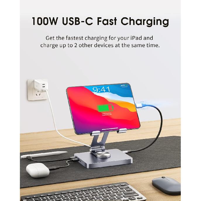 Подставка для iPad BYEASY, Док-станция для ноутбука, USB-C хаб для iPad 8-в-1, Подставка для планшета Type-C с HDMI, 3,5-мм разъемом, LAN, Зарядка 100 Вт PD, 2*USB 3.0, SD/TF