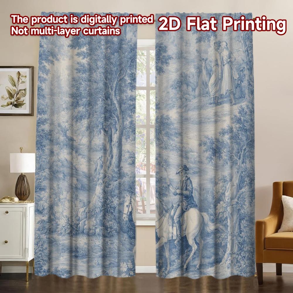 2D FLAT PRINTING 2pcs Curtains (Without Rod) Pastoral Blue Landscape Chic Curtains Yarn Curtains Blessing _ Peaceful Use for