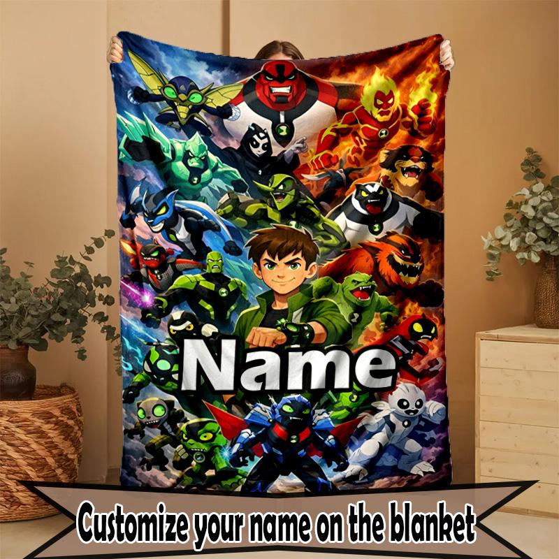 Custom Name Personalized Ben 10 Cartoon Print Blanket, Home Decor, Bedroom, Sofa, Camping, Couch, Gifts for Birthday ChristmasEnthusiasts
