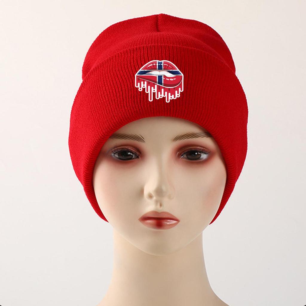 Mouth Flag of Norway Print Knitted Hat Beanie, Patriotic Woman Cap Elastic Cancer Chemo Leisure Headwear Knit Cap Beanie