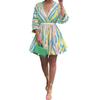 Women's Short Dress Colorful Striped V-neck Dress with Belt Long Sleeve V-neck Casual Short Dress