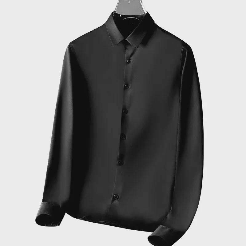 Men's Slim Fit Long Sleeve Korean Style Casual Shirt - Black/White, Non-Iron, High-End Trendy Design