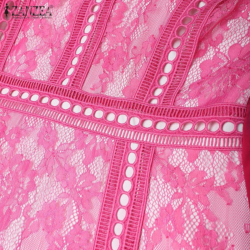 ZANZEA Women Casual Round Neck Short Sleeve Summer Lace Patchwork Dress