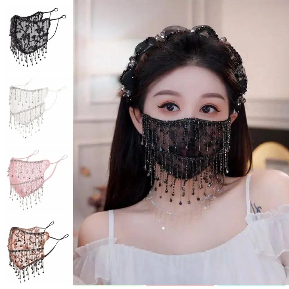 Rhinestone Women's Veil Mask Breathable Mesh Tassel Mask Elegant Bling Face Mask Performance