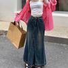 Women Skirt A-line Big Swing Denim Retro Pockets Patchwork Solid Color High Waist Button Zipper Closure Ankle Length Ripped Edge Lady Maxi Skirt
