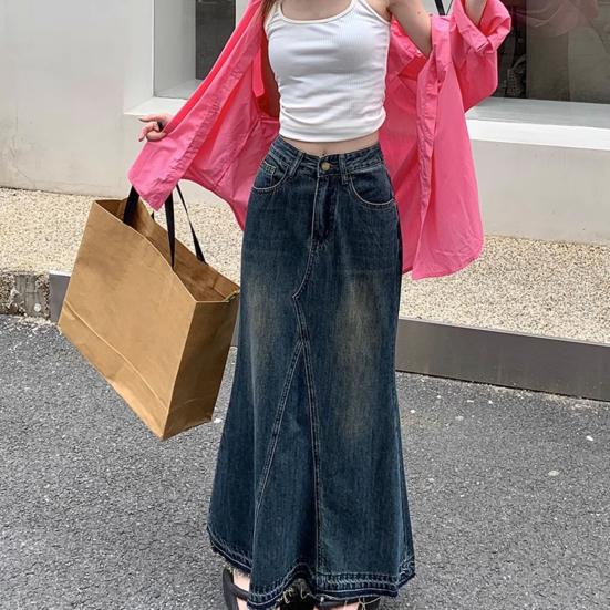 Women Skirt A-line Big Swing Denim Retro Pockets Patchwork Solid Color High Waist Button Zipper Closure Ankle Length Ripped Edge Lady Maxi Skirt