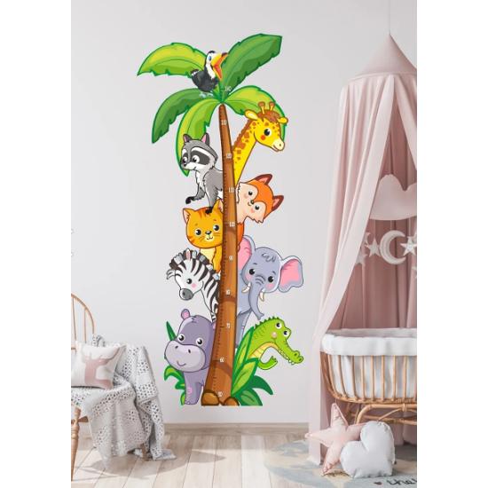 Cute Safari Animals Themed Height Measure Kids Room Multipurpose Cabinet Wall Sticker Set