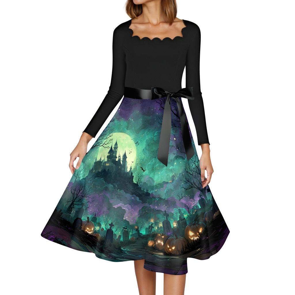 Womens Casual Vintage Halloween Print Square Neck Long Sleeve Dress with Waist Tie Retro Style Flared Skirt