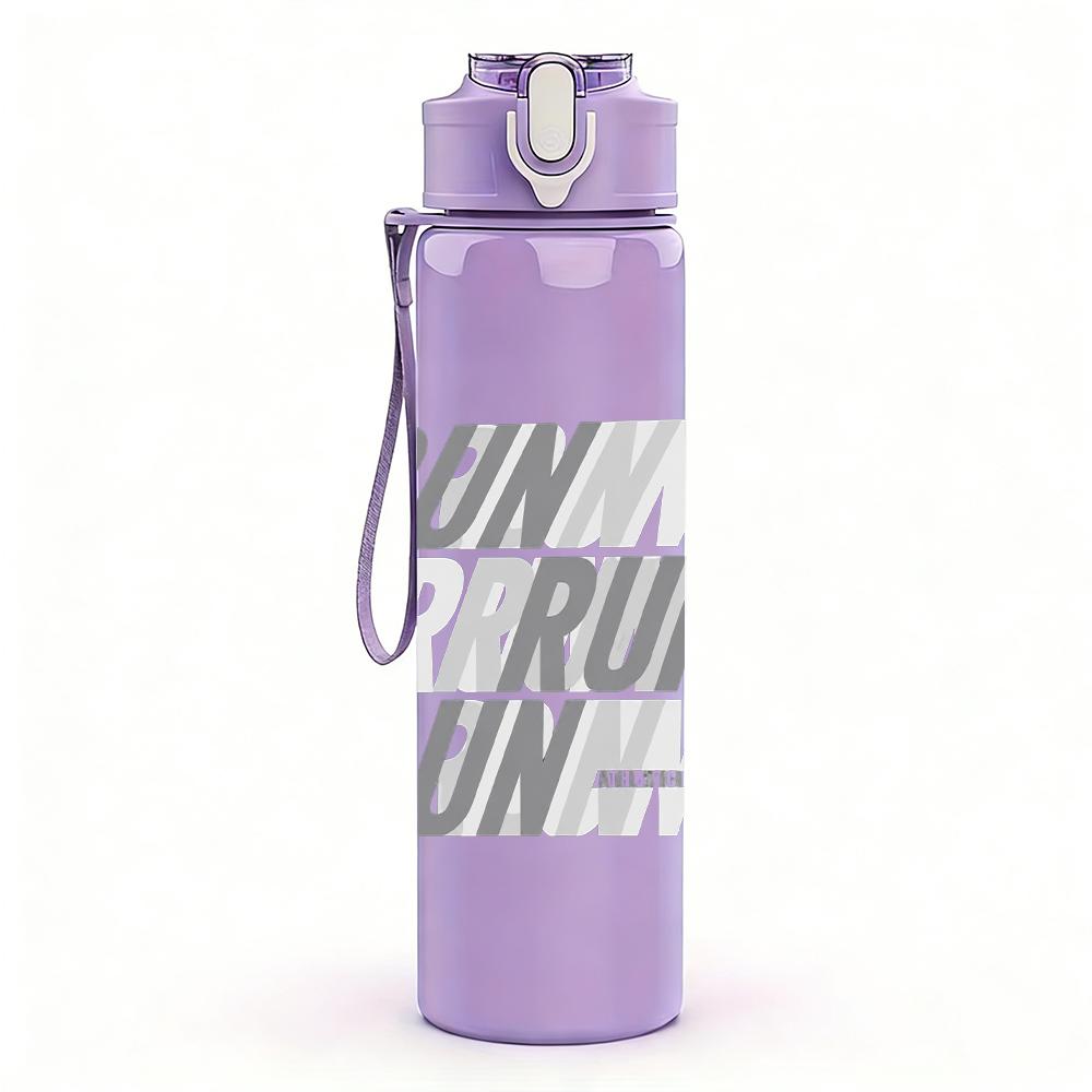 1PC Run run run stacked text print 750ml colorful plastic sports water bottle leakproof pop up lid with straw for outdoor work home use