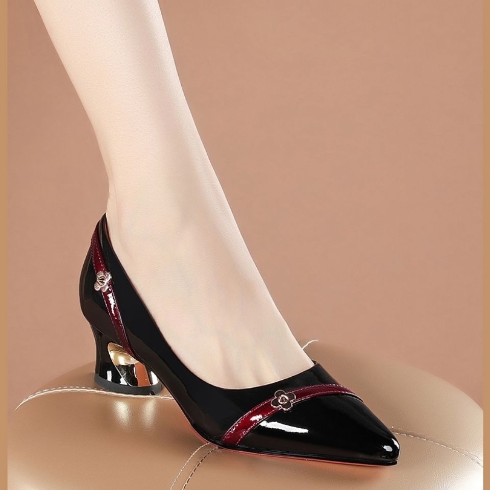Womens Fashion Pointed Mid Heel Shoes Mother Trendy Banquet Shallow Mouth Ladies Leather Summer Spring