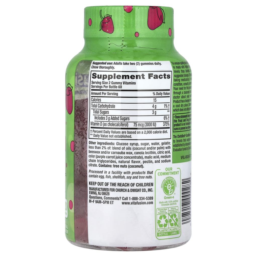 Gummy Jelly Vitamins, Vitamin D3, Extra Strength, Natural Strawberry, 75Mcg, 120 Gummies (37.5Mcg per Gummi)