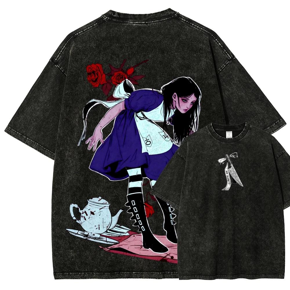 Alice Madness Returns Выстиранная Футболка Унисекс Одежда с Индивидуальностью Оверсайз Подходит для Всех Сезонов Для Пар Классическая Высокое Качество