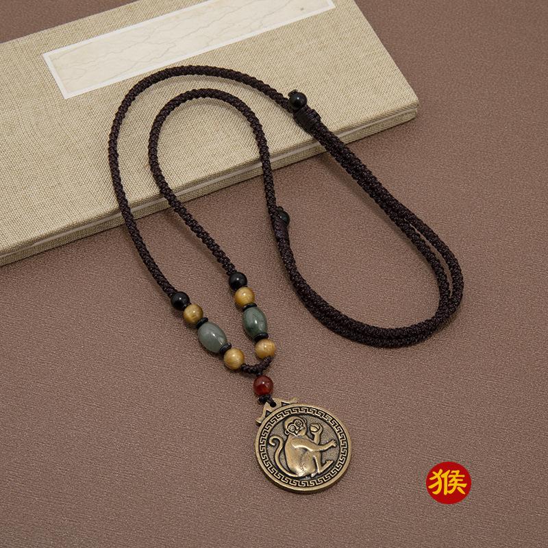 Латунное ожерелье в этническом стиле «Двенадцать знаков зодиака», ретро, универсальная длинная цепочка для свитера, мужской и женский кулон-подвеска года рождения