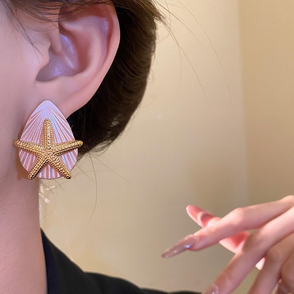 Oil Drip Copper Starfish Shell Earrings Shell Shape Star Dangle Earrings Starfish Ear Studs Daily