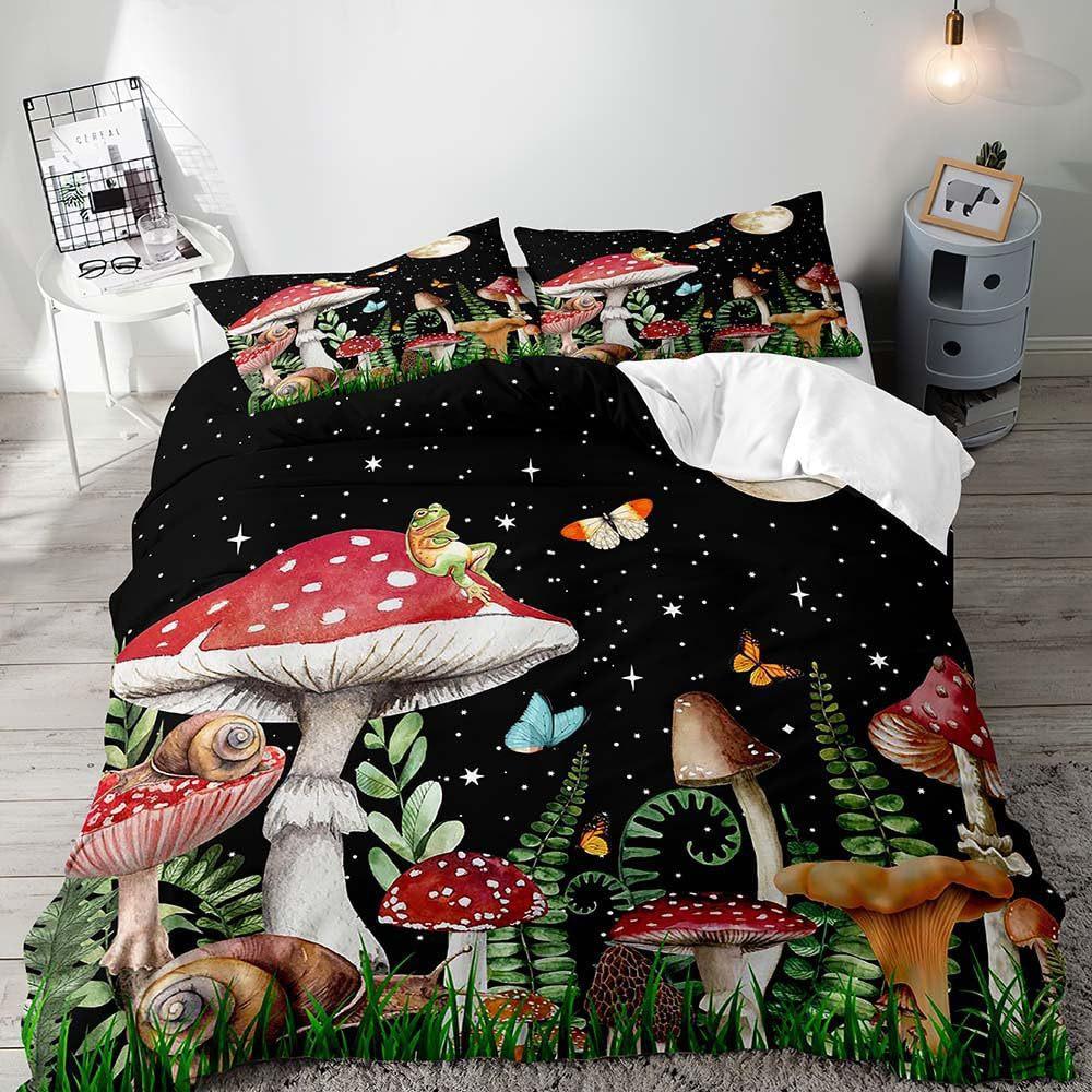 Red Mushroom Three-piece Quilt Cover 3D Digital Printing Bedding Set Green Plant Plant Fungus Bed Cover