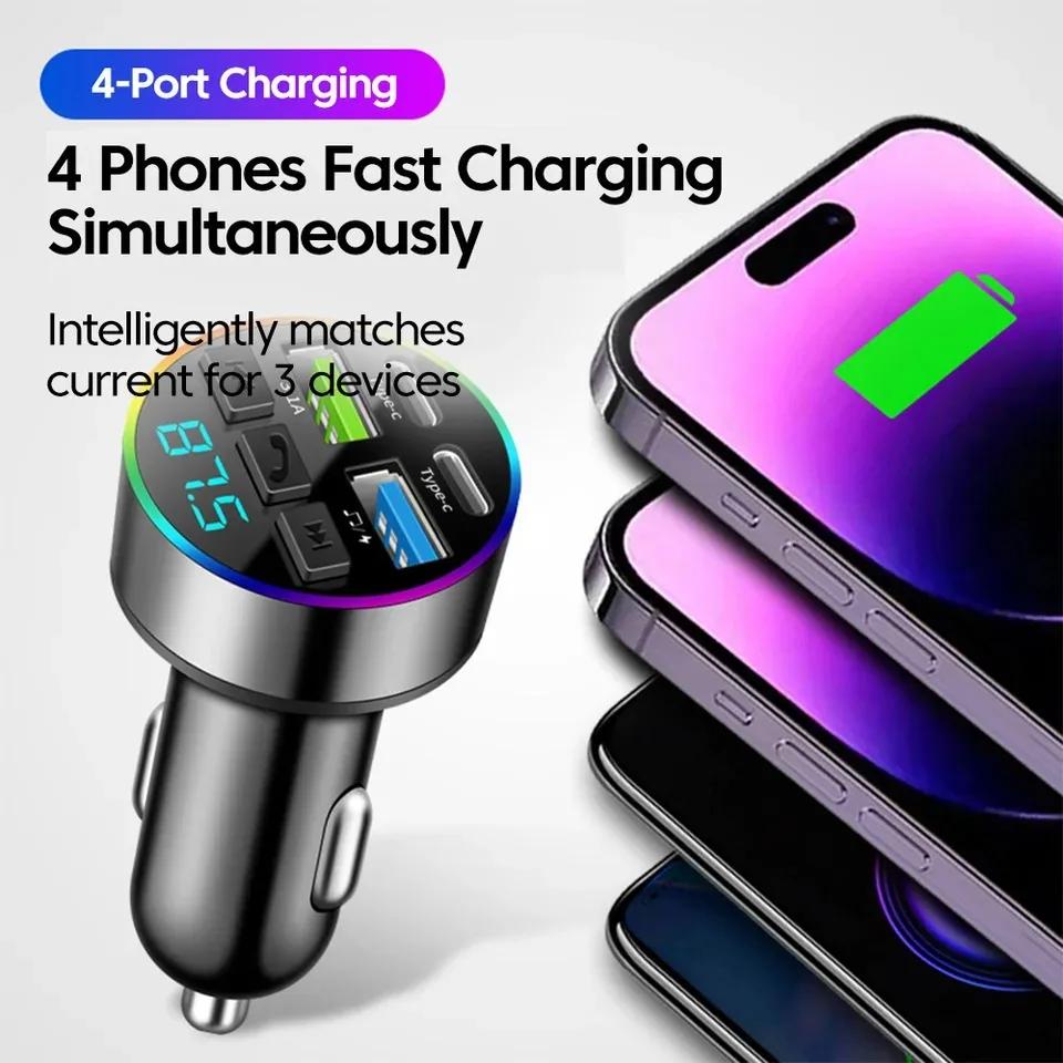 Цифровой дисплей Зажигалка Автомобильное зарядное устройство Двойной USB Type C Многофункциональный Bluetooth FM-передатчик Приемник MP3-плеер