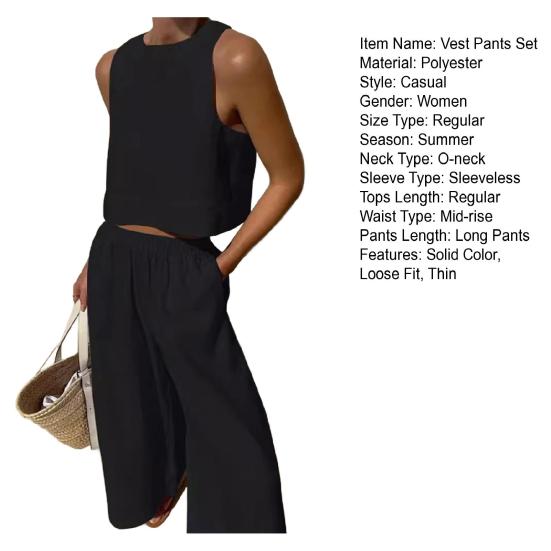 Женский летний комплект из 2 предметов: жилет без рукавов с круглым вырезом, эластичные длинные брюки с высокой талией, однотонный тонкий повседневный комплект