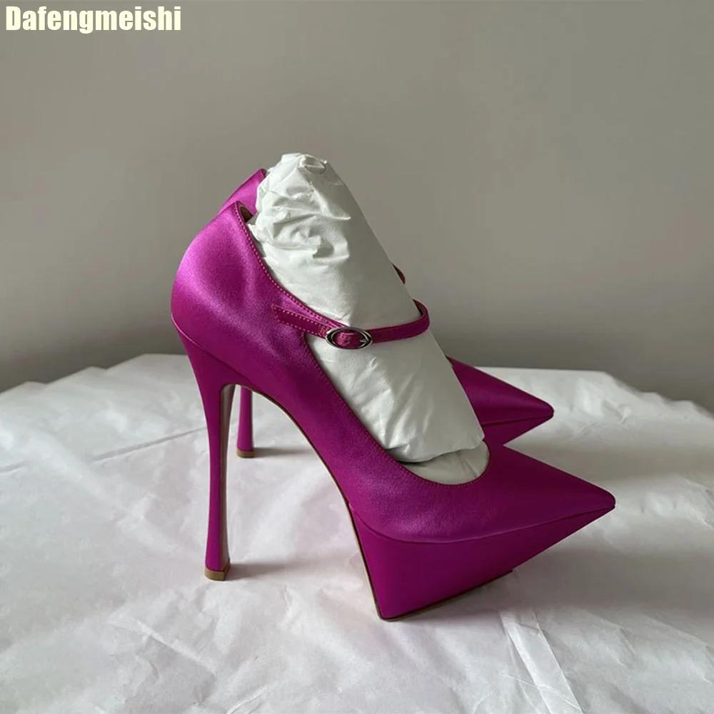 Женские однотонные кожаные туфли на платформе и высоком каблуке с острым носком, босоножки на очень высоком тонком каблуке, с ремешком на щиколотке и пряжкой, неглубокие сексуальные туфли-лодочки
