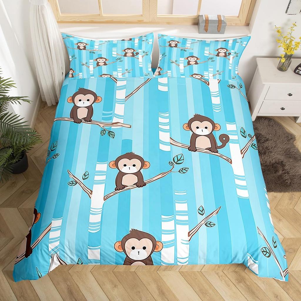 Комплект постельного белья с милой обезьянкой, двойной, с рисунком банана, звезд, пододеяльник с изображением тропических диких животных и фруктов, желтый пододеяльник