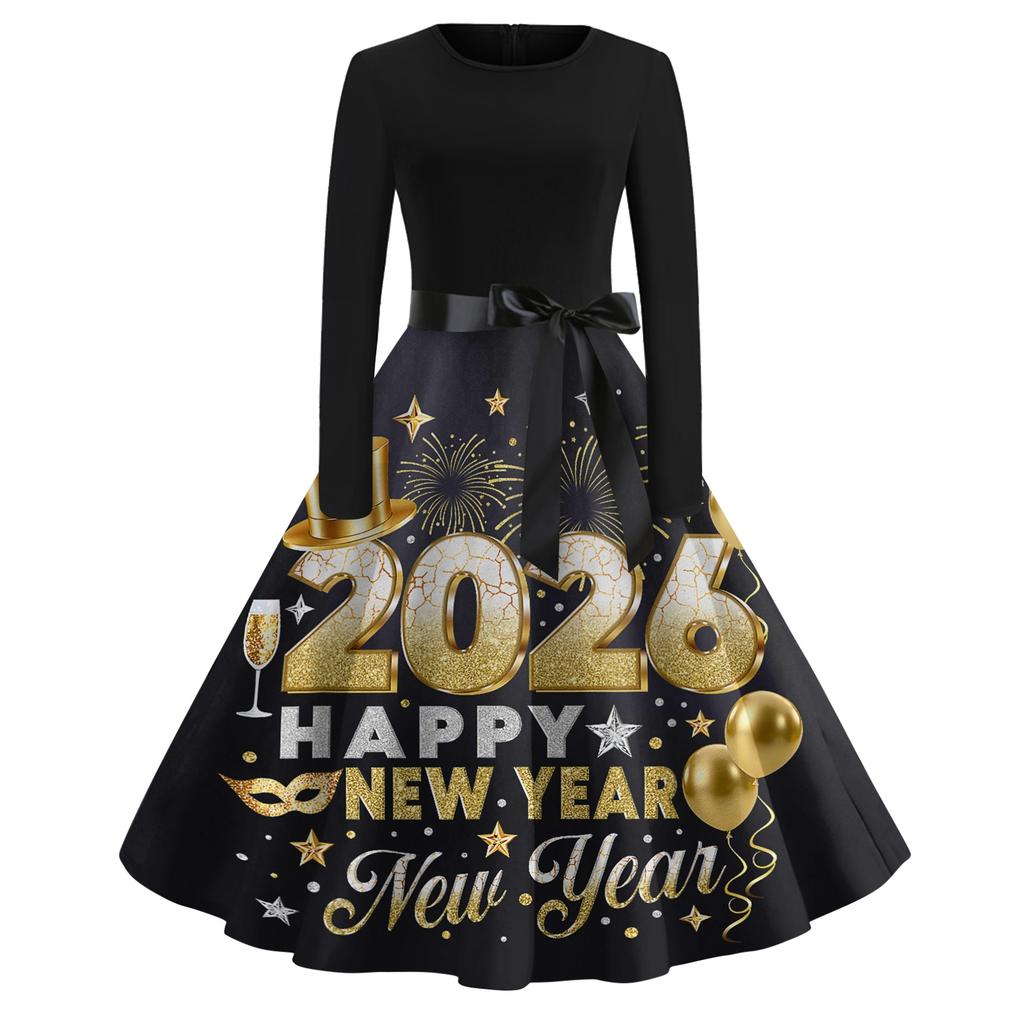 Женское повседневное модное платье с круглым вырезом и длинным рукавом с новогодним принтом в ретро-стиле