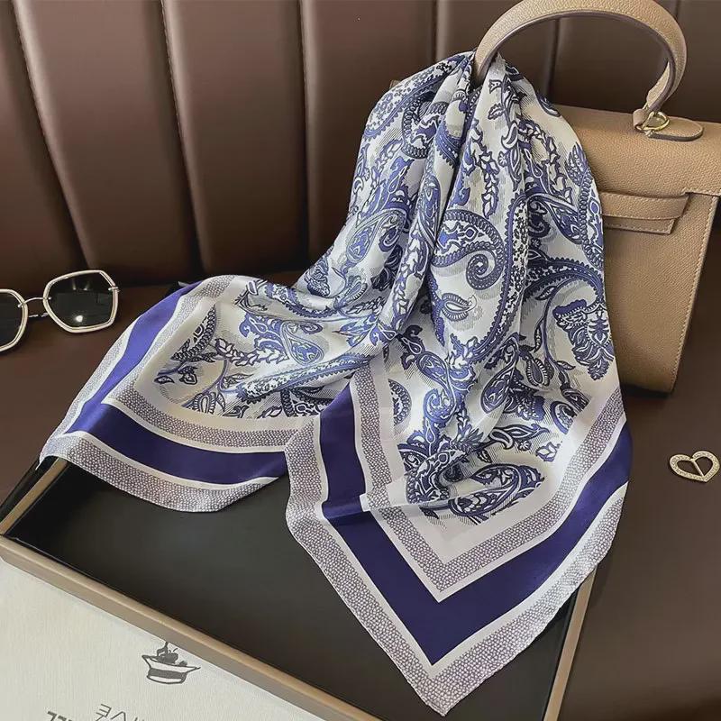 Blue and White Porcelain Print Satin Scarf - Fashionable Mom Style Accessory