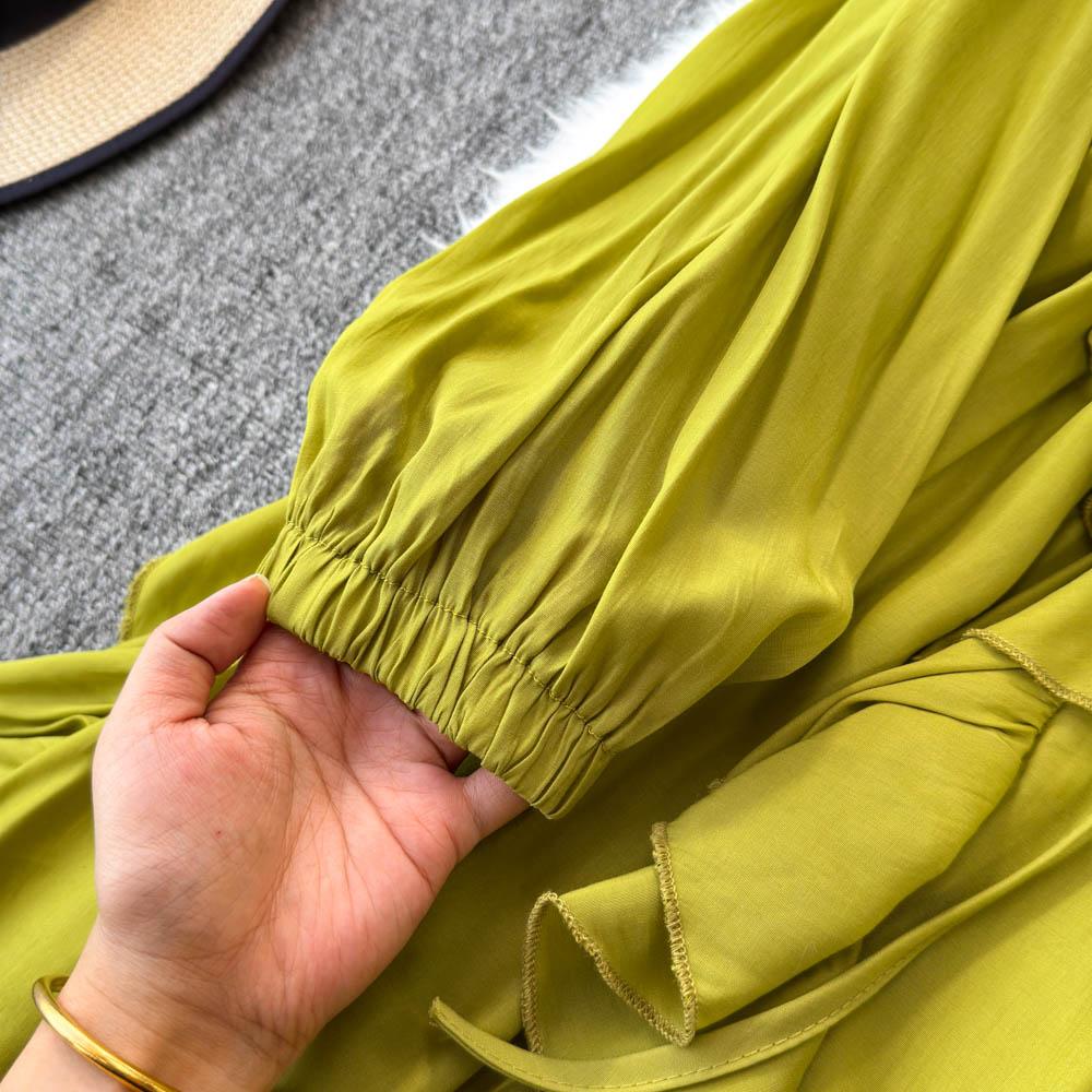 Нежный стиль, темперамент, рукава-фонарики, воротник-стойка, присборенная талия, А-силуэт, оборки по краю, шифоновое платье, элегантные большие свободные длинные платья