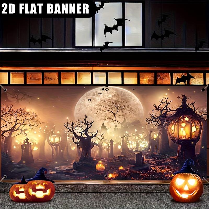 2D flat design, 1 Halloween moon and lantern garage door banner - terrifying witch polyester outdoor decoration