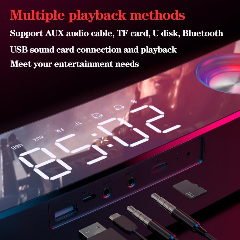 Clock Bluetooth Wireless Game Speaker Soundbar 3D Stereo Subwoofer Computer Loudspeaker with Light Soundbar for Tv Home Theater