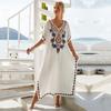 EDOLYNSA White Vintage Embroidered Long Kaftan Casual V-neck Maxi Dress Summer Clothes Women Beach Wear Swim Suit Cover Up Q1490