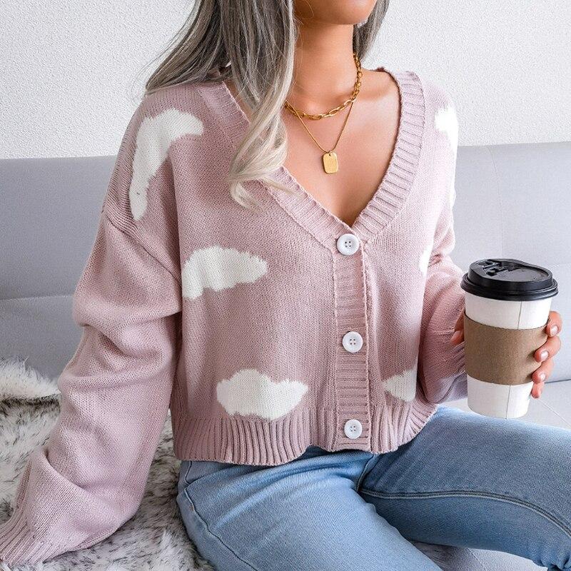 Свитер Preppy Cloud Harajuku, модный укороченный топ с v-образным вырезом и длинными рукавами, кардиган, вязаные корейские свитера, женские Ropa Mujer 18115