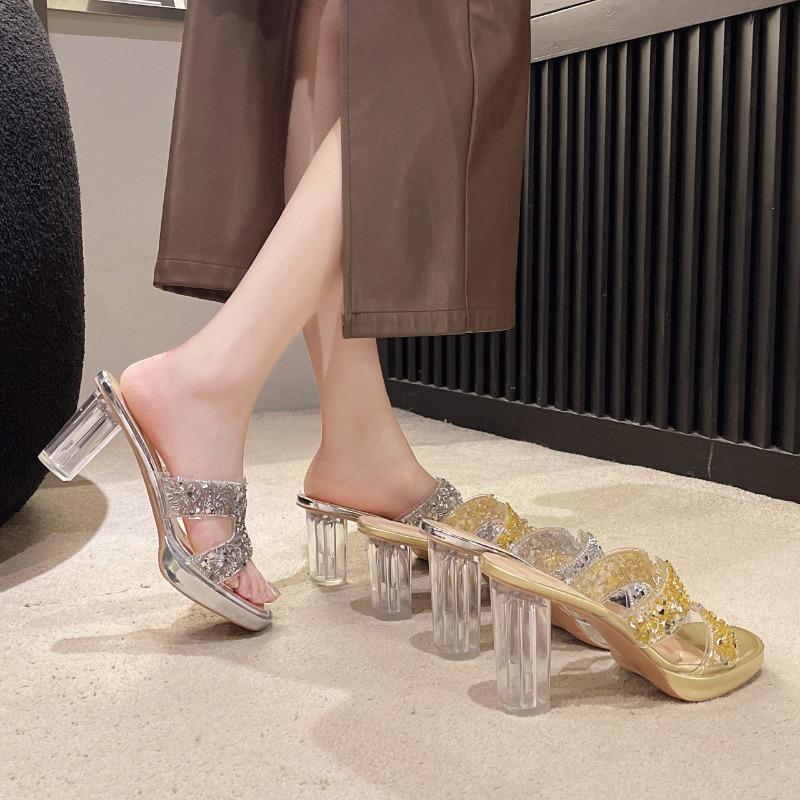 Женские летние босоножки на высоком толстом каблуке, модные сандалии со стразами, с круглым носком, на водонепроницаемой платформе, уличные шлепанцы