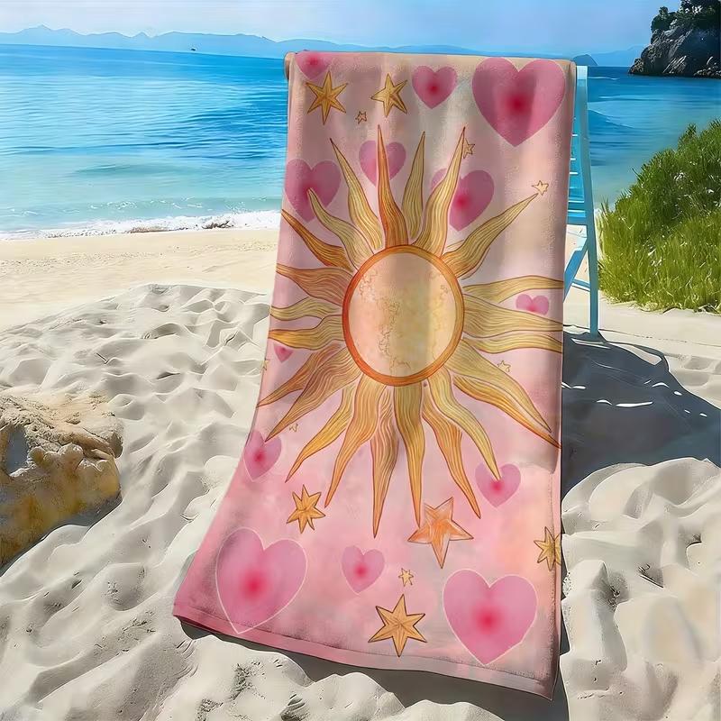 Boho Sun Heart Print Beach Towel Pink & Gold Celestial Pattern Towel Soft Absorbent Quick Dry Towel for Summer